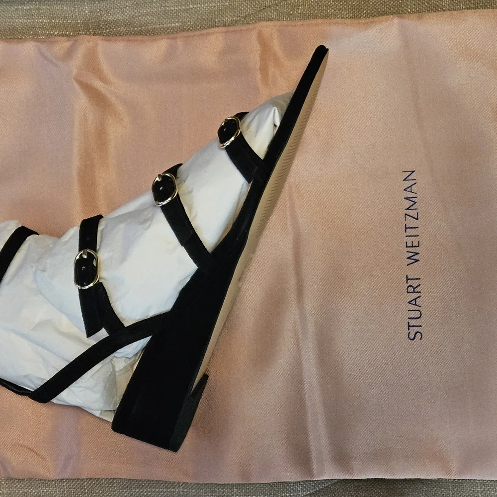 NWT Stuart Wietzman Black Grecian Buckle Wedge Sandals Sz 8